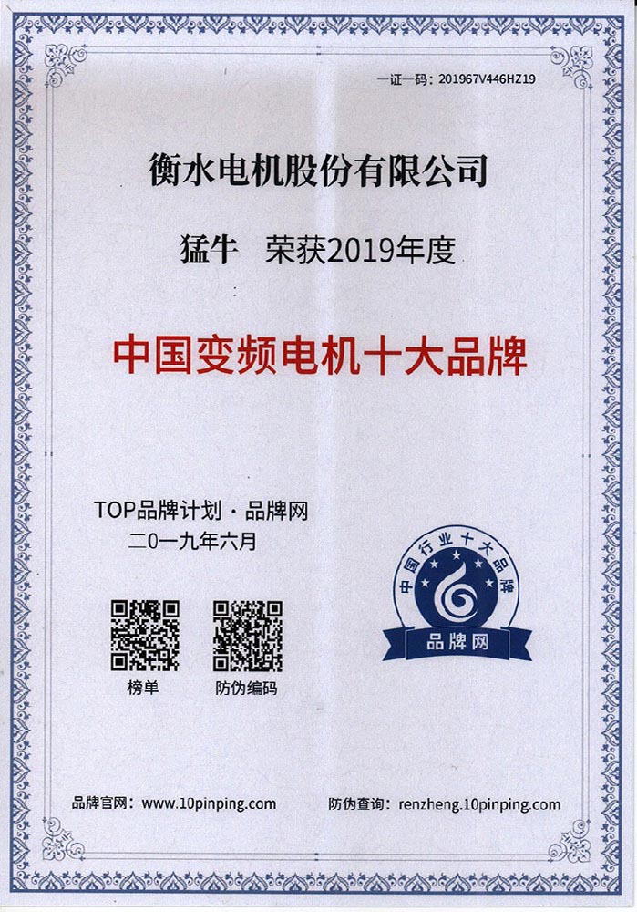 中國變頻電機(jī)十大品牌證書